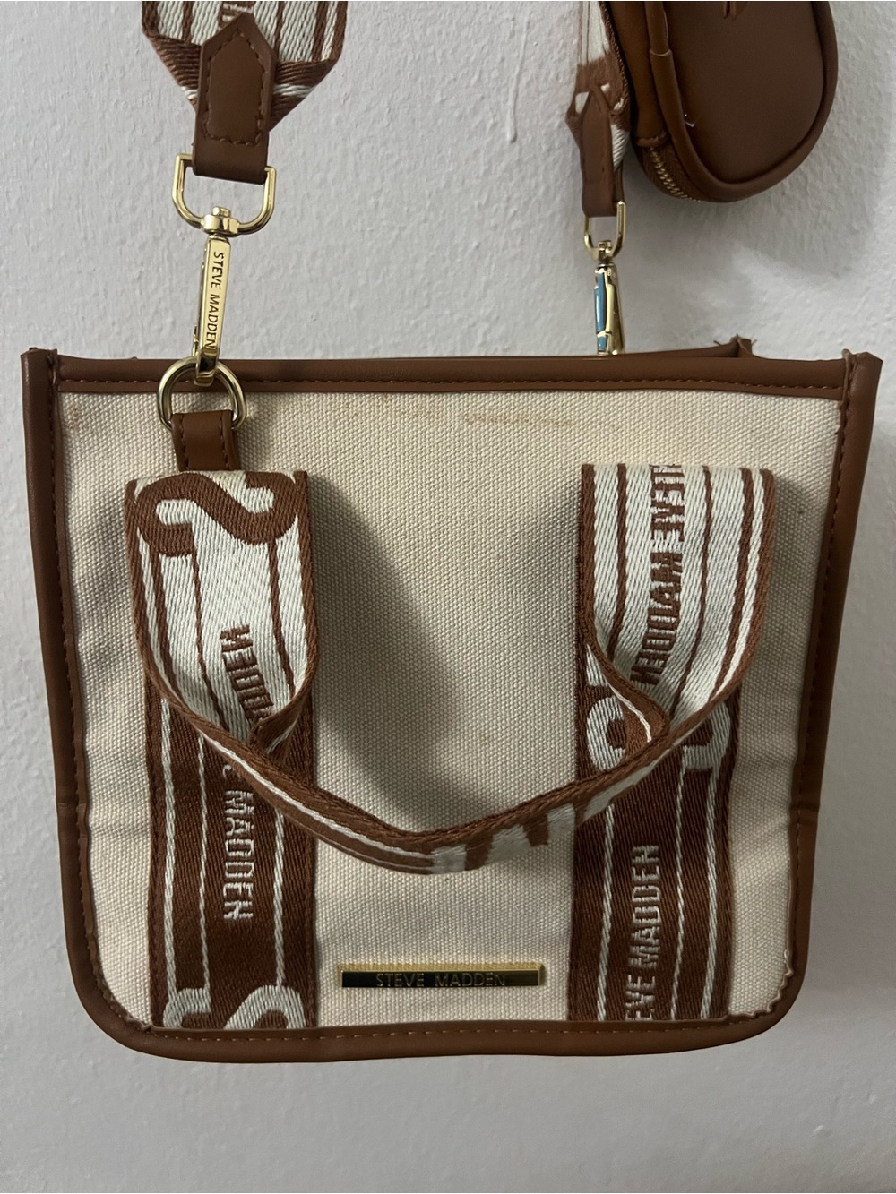 Steve Madden Cream and Brown Crossbody with Branded Straps